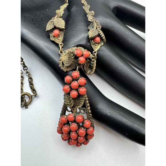 Vintage Victorian Revival Necklace Brass Faux Coral Czech Art Nouveau - Picture 7 of 8